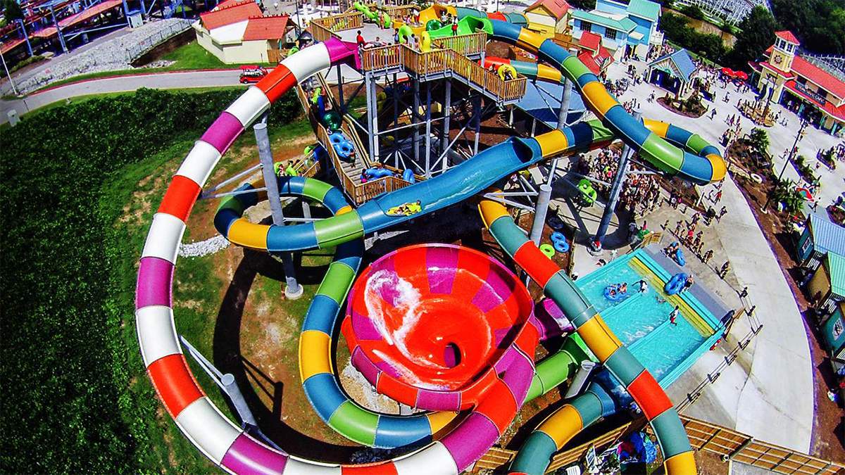 aerial view of multicolored bonzai tubes of Hurricane Harbor at Six Flags Over Georgia in Atlanta, Georgia, USA